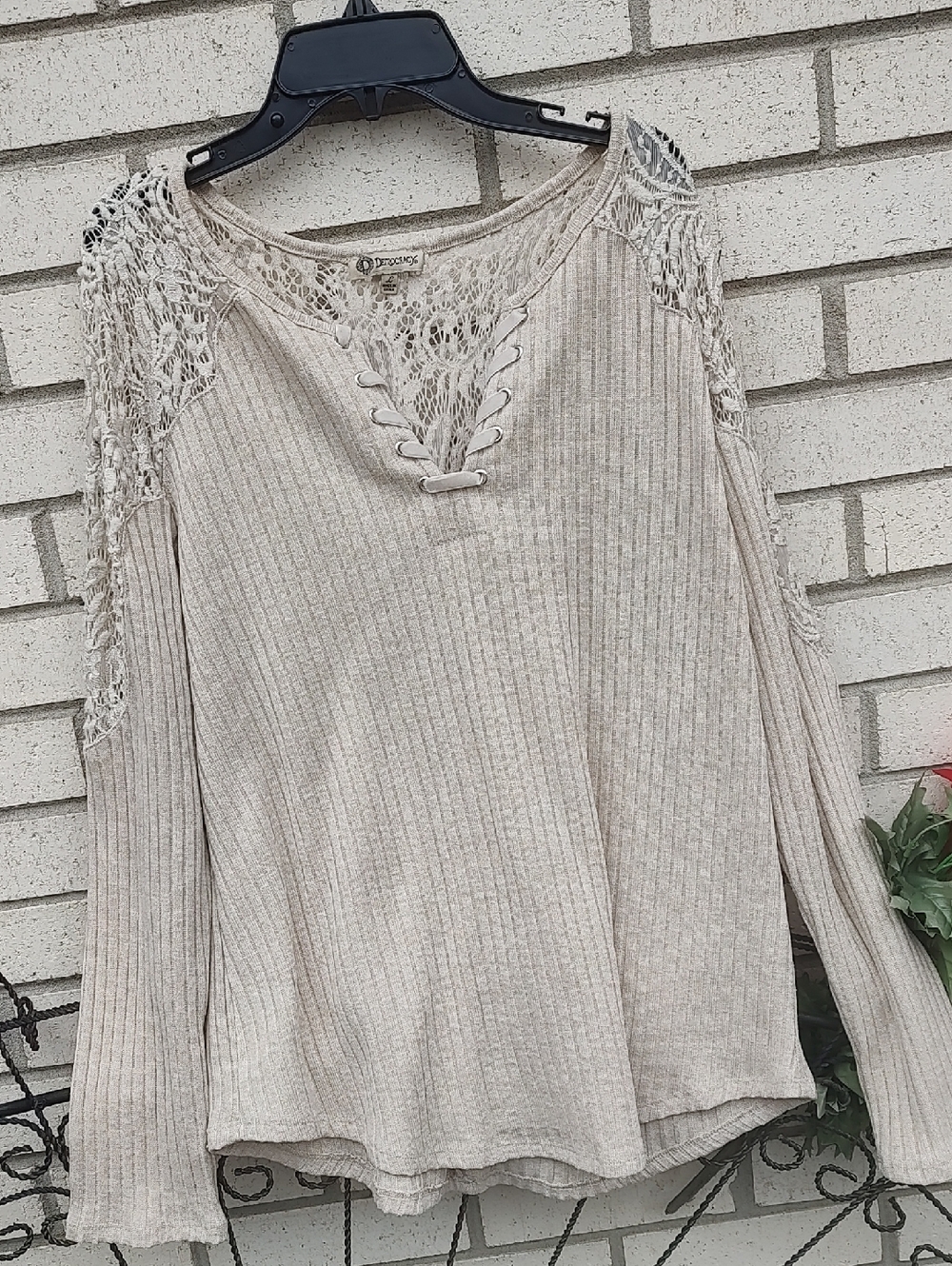 Democracy Lace-Trim Ribbed Knit Top - Beige - Picture 2 of 9